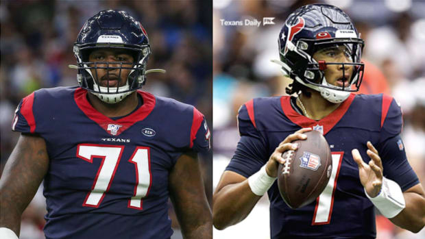 Houston Texans right tackle Tytus Howard (71) and quarterback C.J. Stroud (7)